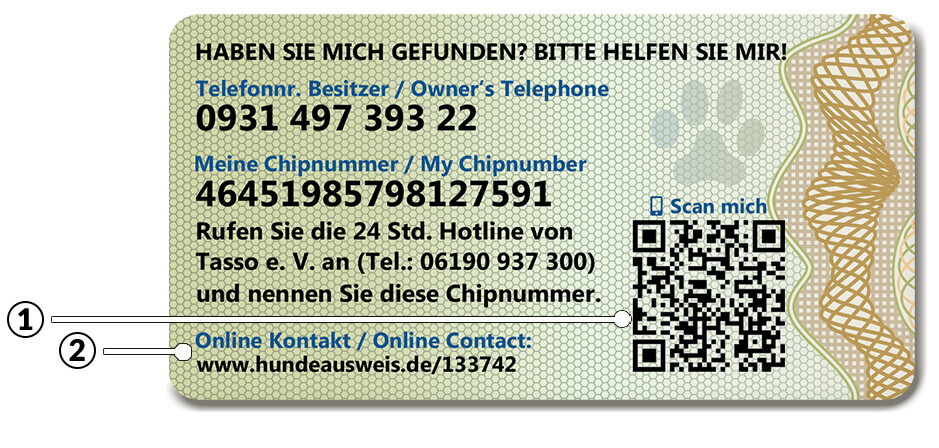 Hundeausweis Rückseite mit aufgedruckter Chipnummer, Telefonnummer des Besitzers und dem Emailkontakt